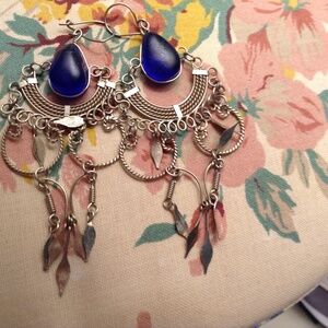 Dark Blue Chandelier Earrings Three Inches